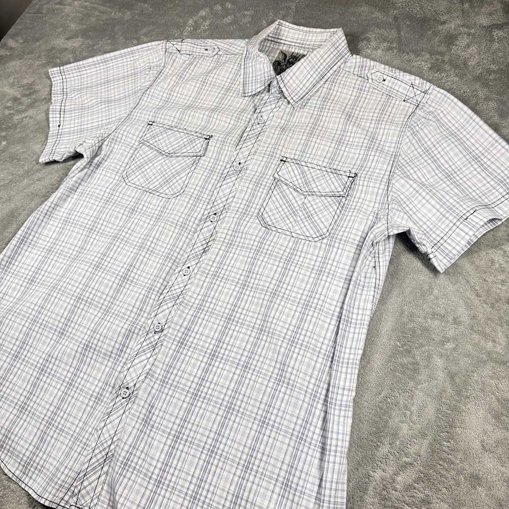 Machine MK Gray White Plaid Short Sleeve Button Up Shirt Mens L Pockets